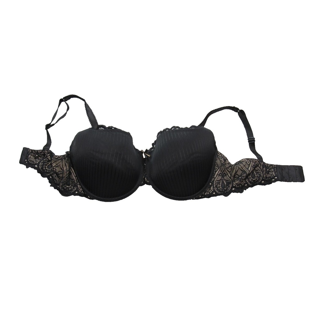 M&S Bra Womens‎ 36D Black Lace Underwire Padded Balcony Lingerie Stripe Detail